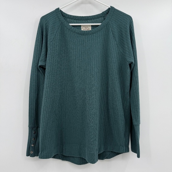Chaser Top Women XL Green Long Sleeve Waffle Knit Button Cuffs Round Neck - Picture 1 of 11
